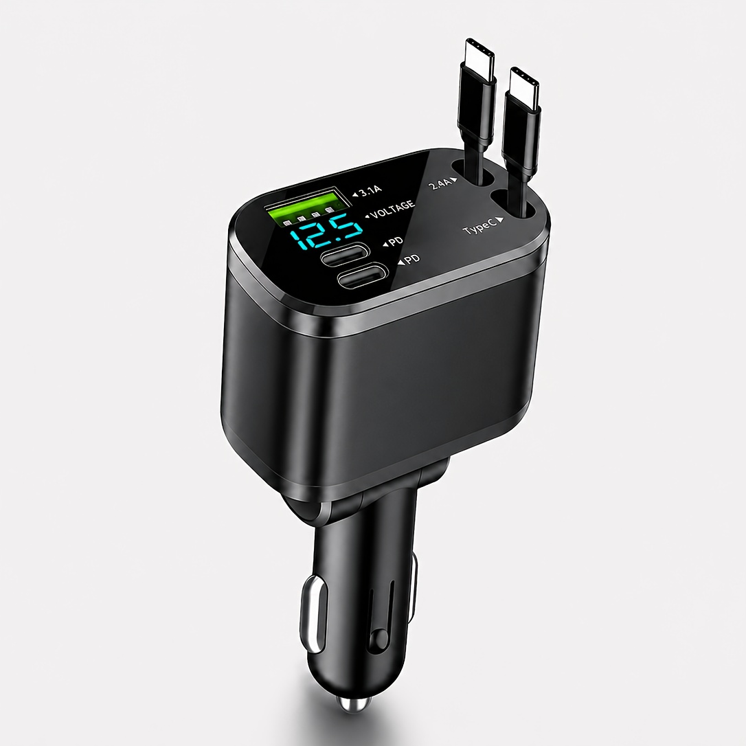 TEMU Chargeur de voiture rétractable | Câble de 63 cm | 2PD+USB | Charge rapide 30W | Affichage de la tension