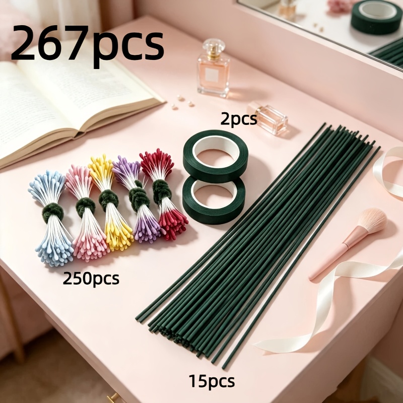 TEMU 267pcs Accessories Kit, Including 250 Stems Of 5-color Flower , 15pcs Of 30cm Flower Stems, And 2 Rolls Of Dark Green Floral Tape. Suitable For
