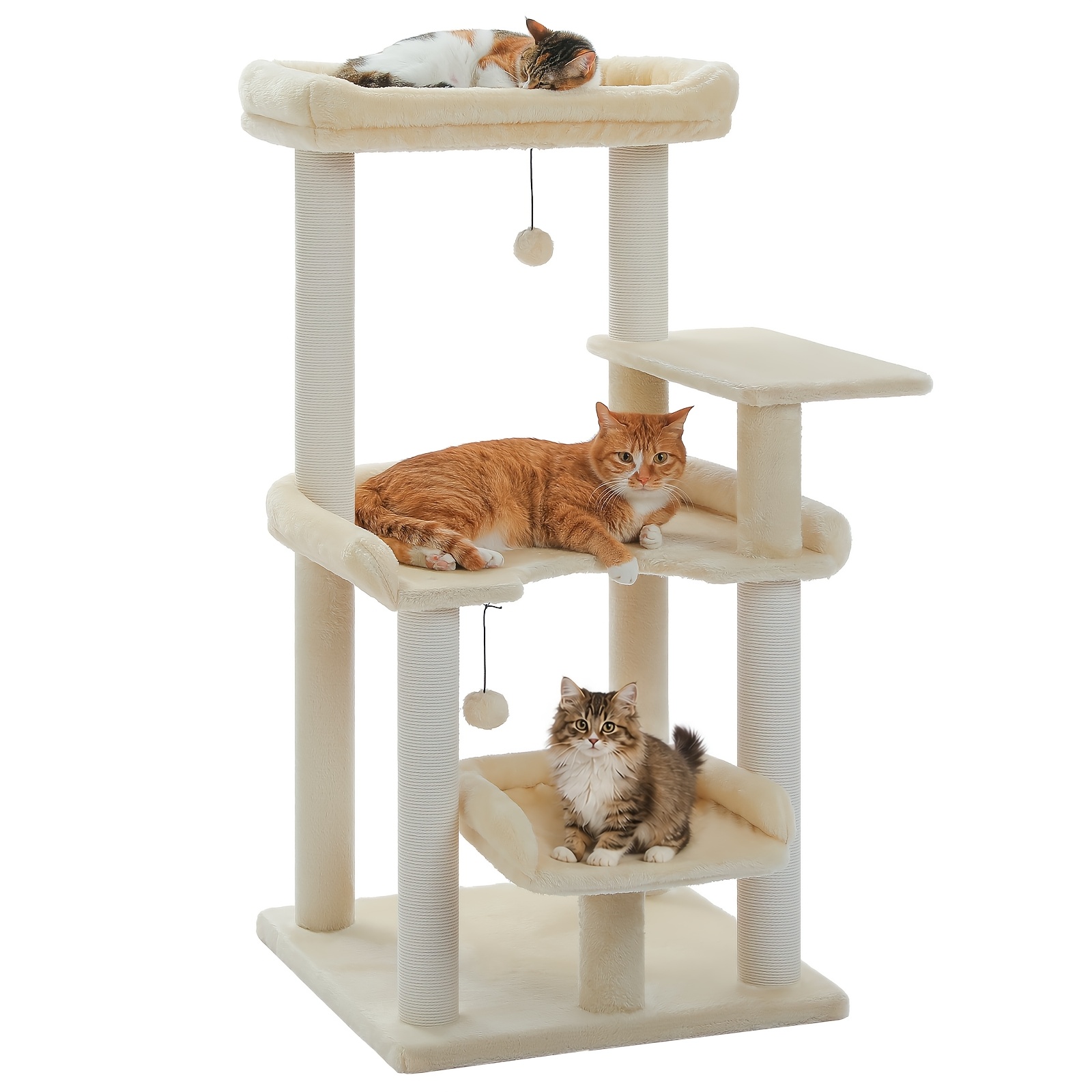 Road 113 Cm Cat Tree For Indoor Cats, Multi-level Cat Tower With Spacious Top Perch, Large Bed, Scratching Posts And Pom Pom Toys, Green, Gray, Beige
