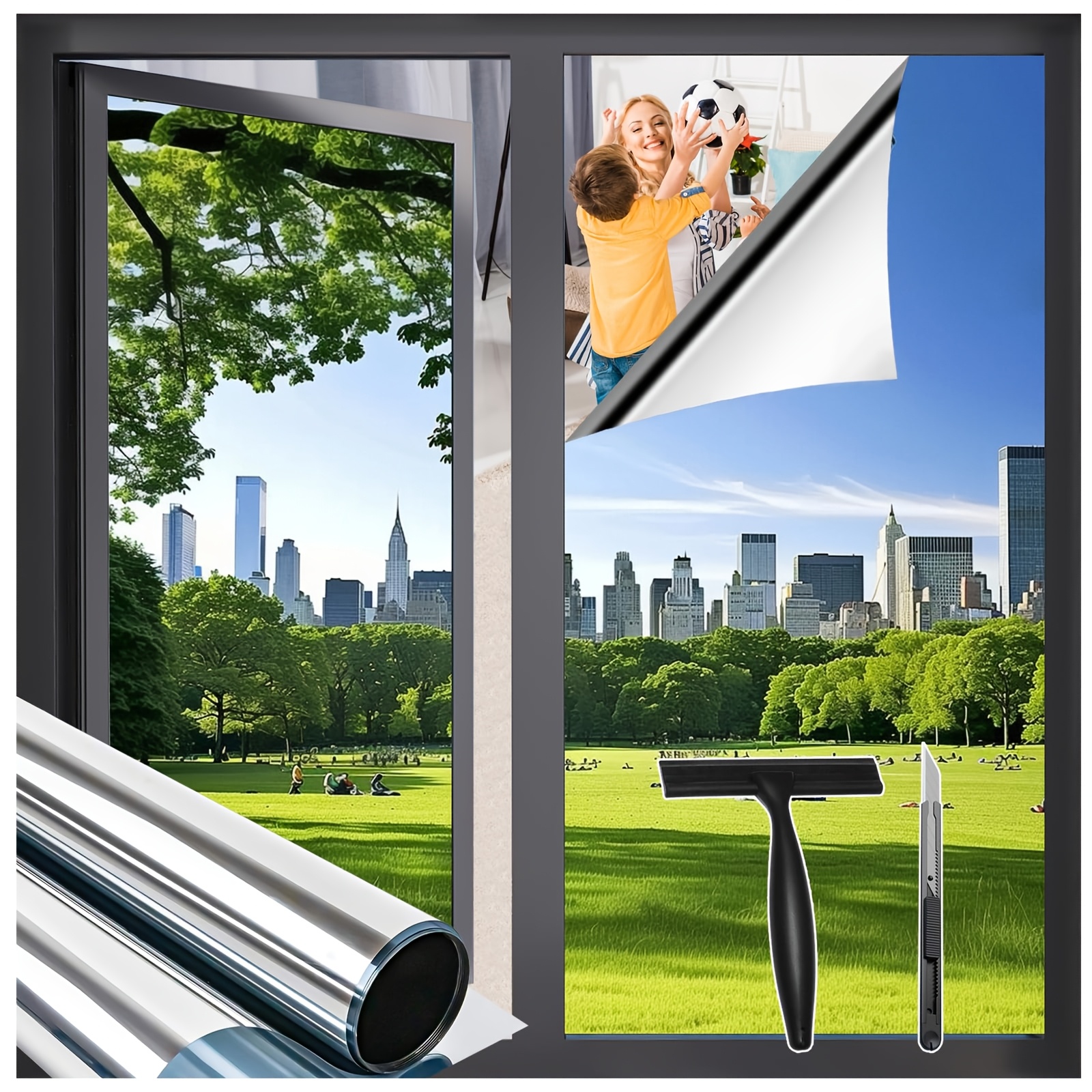 Image of Window Film From Inside Transparent From Outside , 90 X 200cm Protection Film Self-adhesive Silvery Thermal Film, Residue-free Sunscreen Film