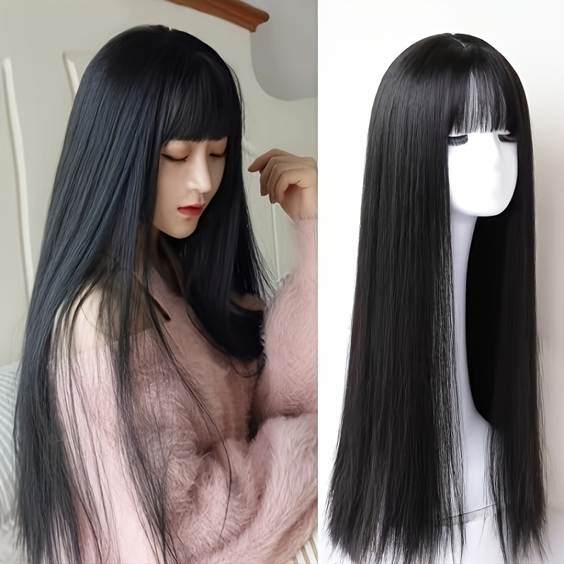Image of 26-inch Black Long Straight Wig Suitable For &, -looking Synthetic Hair For Daily Wear, Cosplay, Parties, Music Festivals - Unisex Hairpiece For Role-play & Volume Coverage