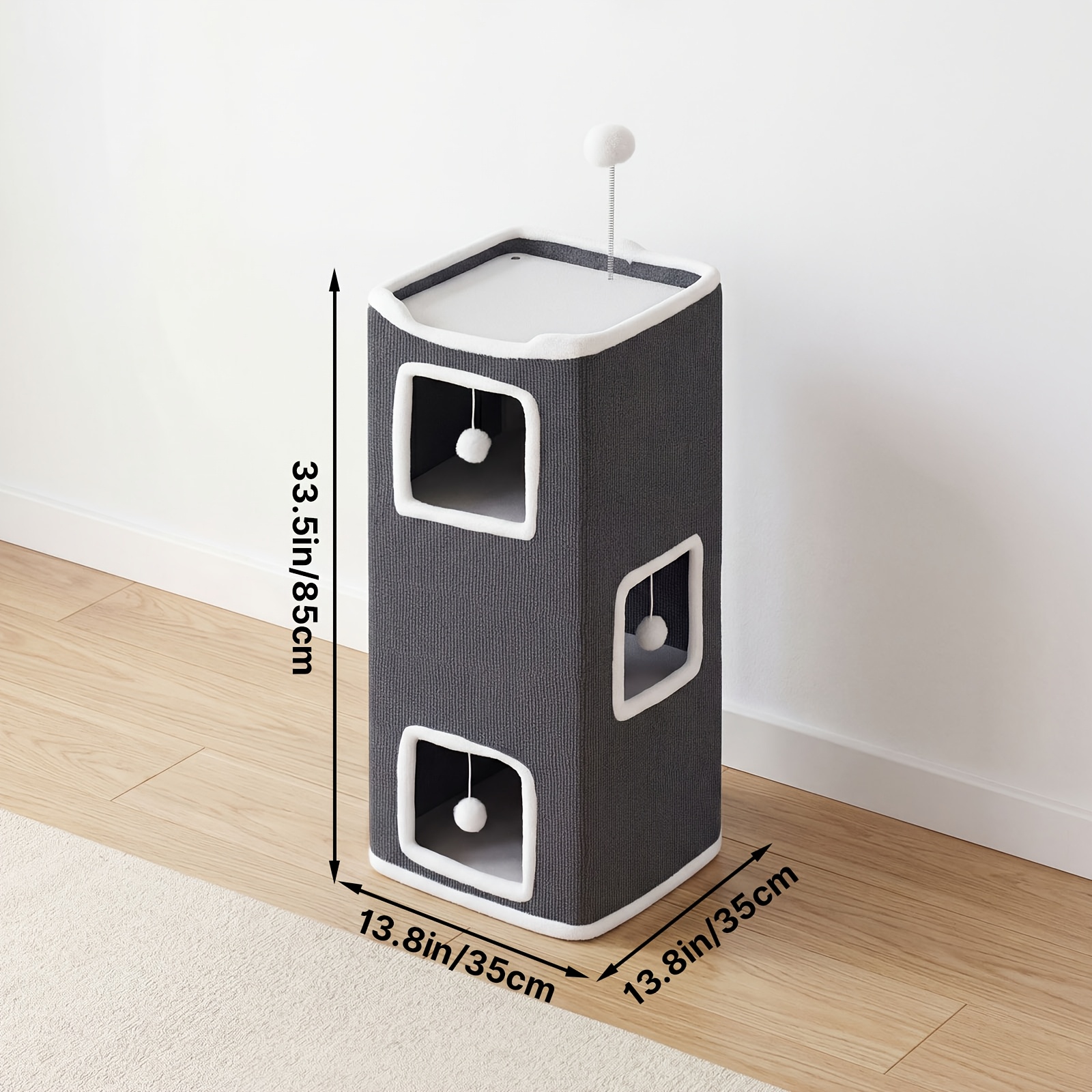 TEMU Panier carré à niveaux pour chat, peluche grise entièrement enveloppée, un jouet baguette pour chat, lit arbre empilable pour chat, multicouche