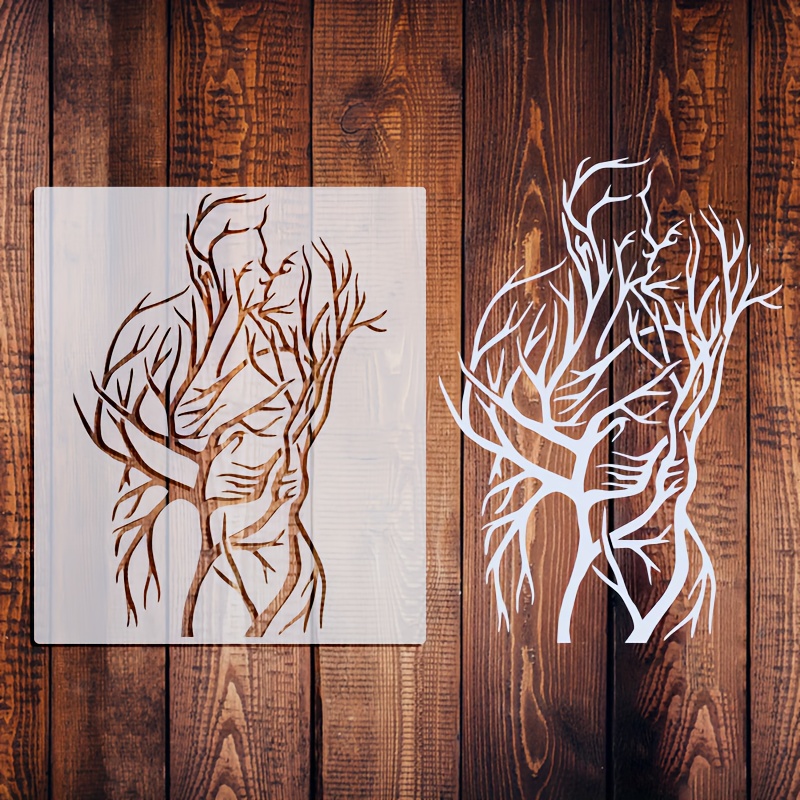 Image of 1pc Reusable Couple And Tree Painting Stencil, 12x14 Inch Pet Material For Fabric, Wall Decor, Photo Frames, Diy Crafts - Creamy White