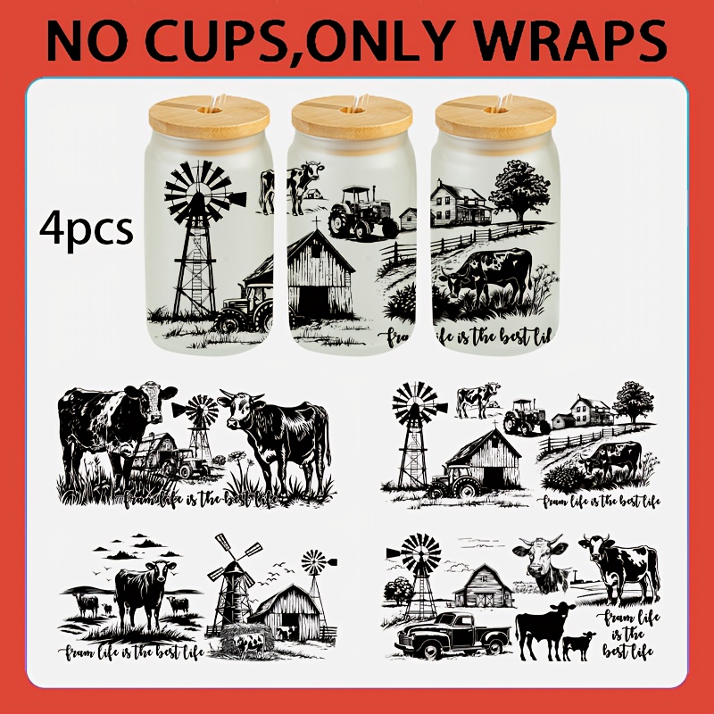 TEMU 4pcs/set Ink Sketch Farm Series Design, 4.33 Inches * 9.45 Inches, 16oz Uv Dtf Heat Transfer Sticker, Cartoon Pattern, High Quality, 3d Design,