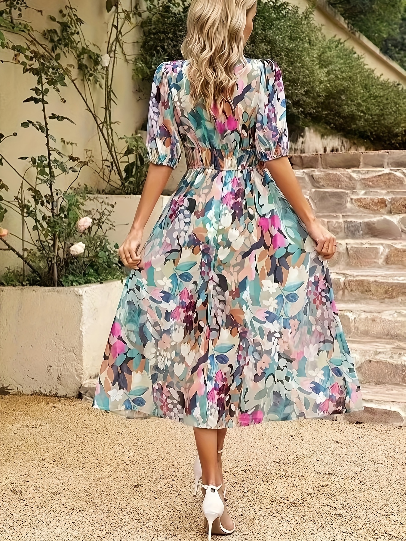 Floral Print Ruffle Neck Long Dress Boho Short Sleeve Waist - Temu