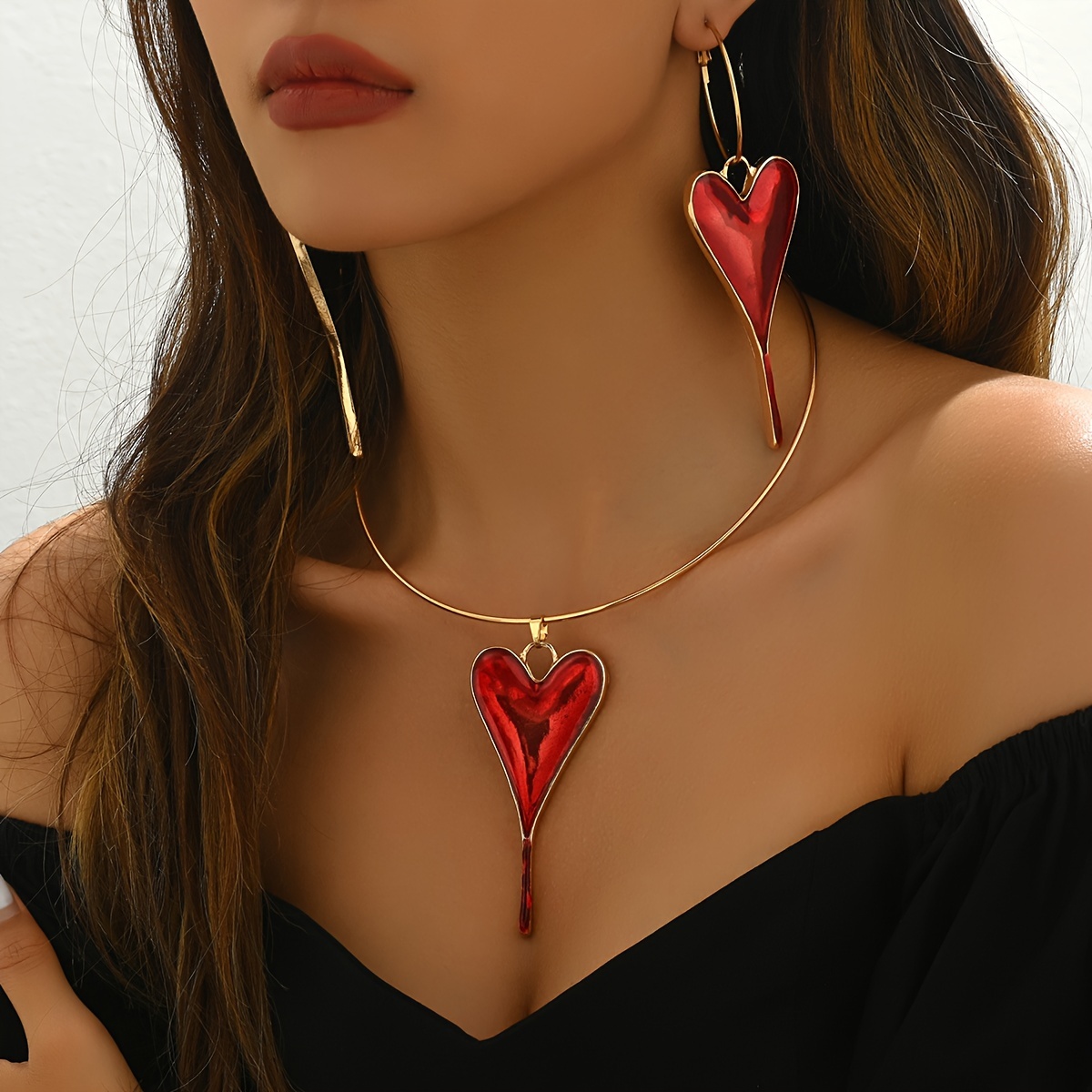 

3pcs Women's Jewelry Set Halloween Red Oil Peach Heart Exaggerated Earrings Pendant Necklace Set