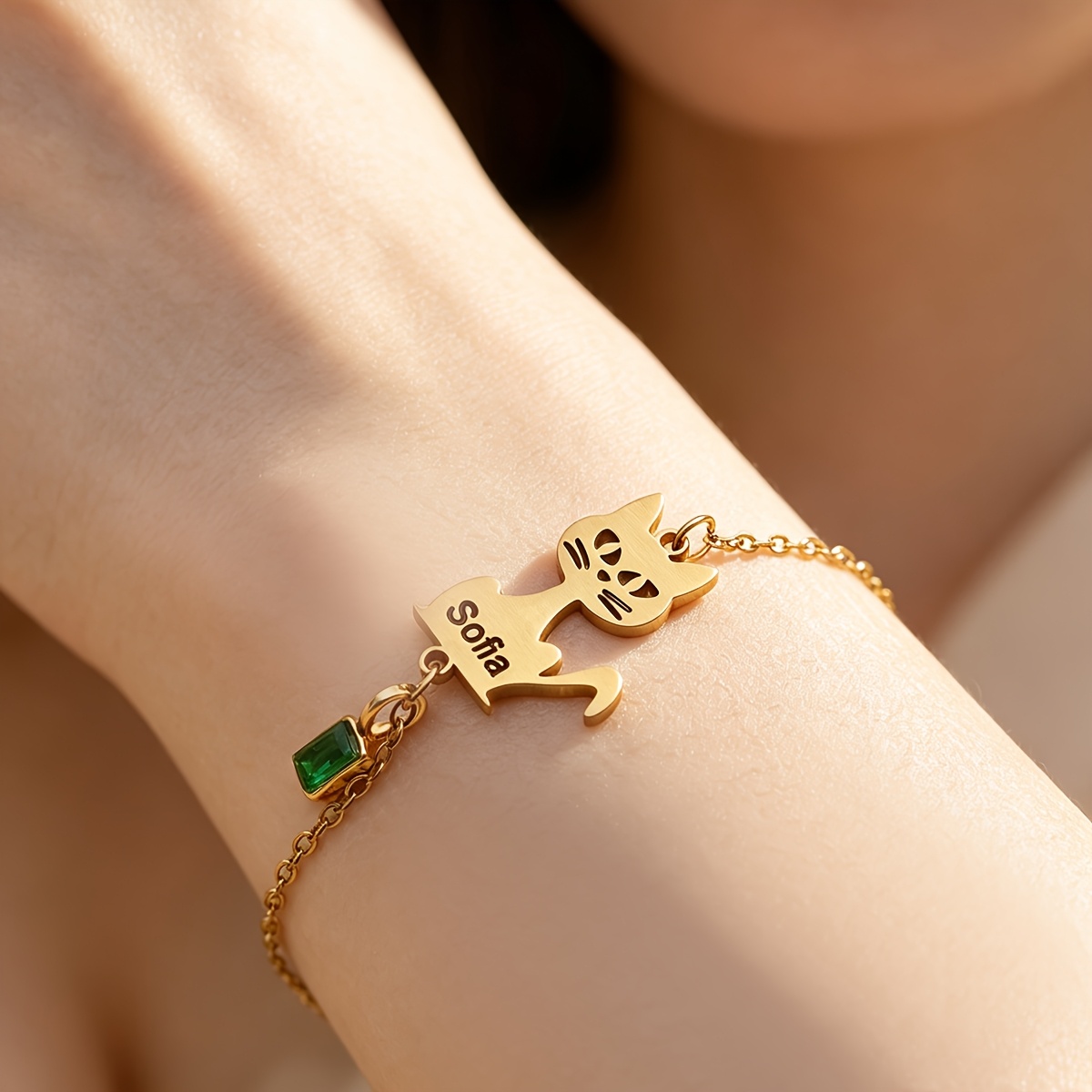 Customizable Cat Silhouette Bracelet with Name and Green Zirconia