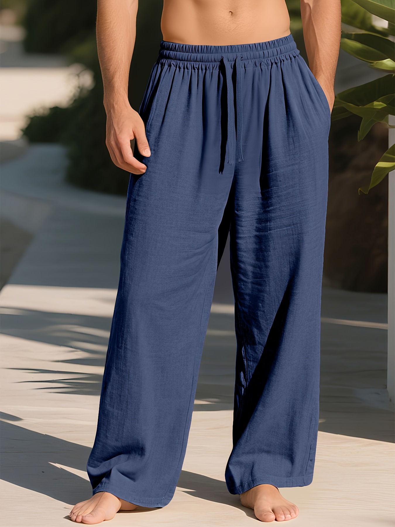 Men's Linen Cotton Beach Trousers - Flex Classic-Fit Drawstring Pants With Soft Brushed Feel
