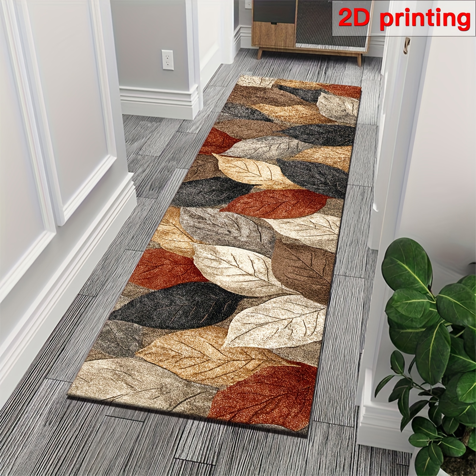 TEMU A 2d Flat Countryside Style Rug With A Colorful Leaf Pattern. It Features A 2d Print And A Non-slip Backing, A Machine Washable And Easy To .
