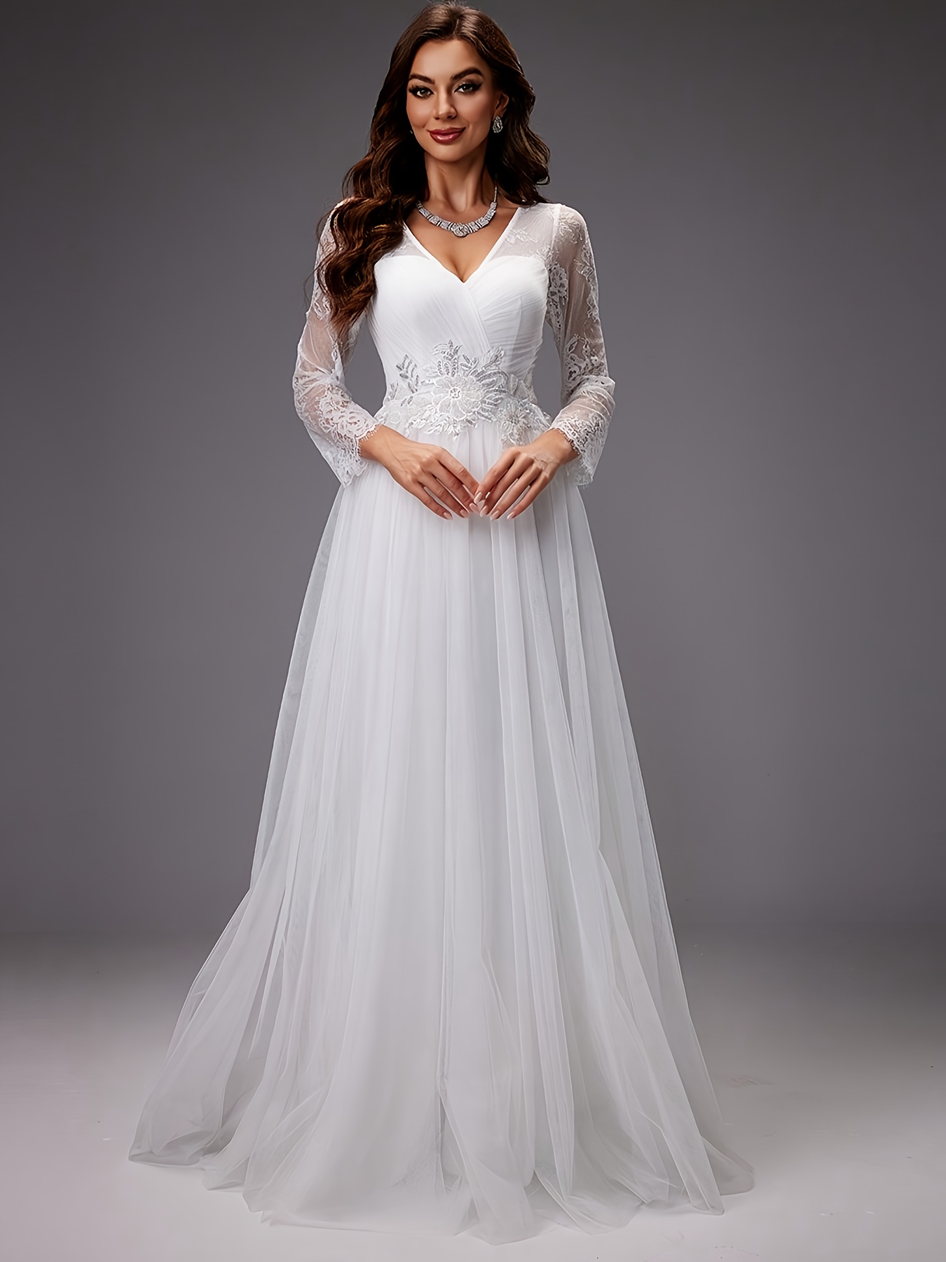 knee length dresses for ladies Embroidery 3d floral applique embellished v neck mesh wedding dress  GLGL3013 – smcfashion.com