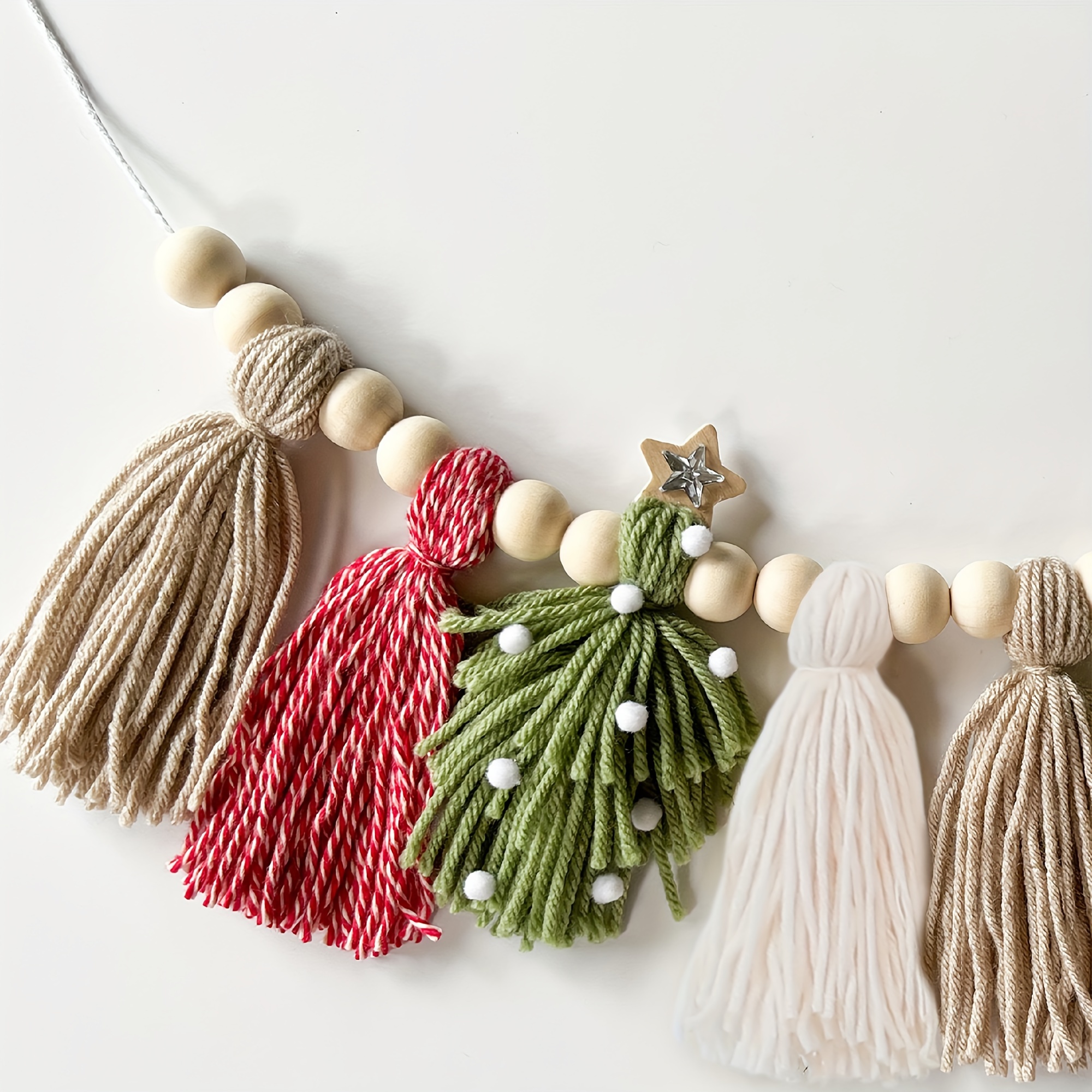 TEMU Bohemian Christmas Tree Ornament - - Beads, Green & Pom-pom Tassels, Wall Decor For