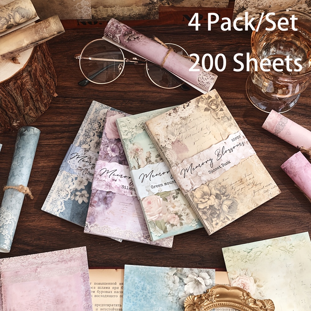 Image of 200 Sheets Vintage Light Green Lace Flower Paper, 4-pack Retro Non-sticky Large Size Decorative Sheets, For Notebook Planner Journaling Scrapbooking, Art Craft & Message Paper Supplies