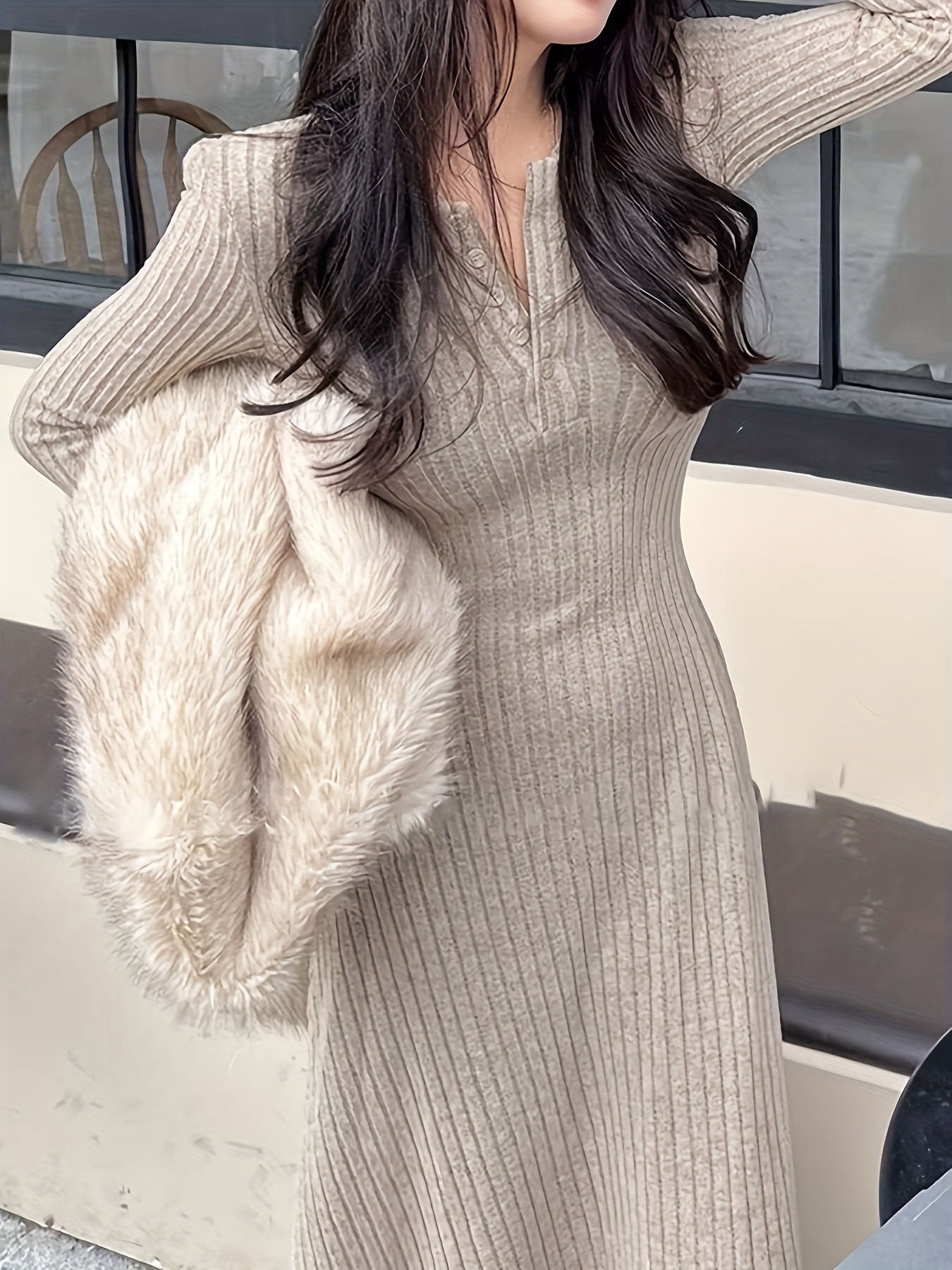 sachin and babi light blue dress Sweater Dress for Women 2024 Winter Dresses Crew Neck Long Puff Sleeve  Solid Color High Waist Tie Waist Elegant Knit A-Line Flare Midi Dress,  Flattering Going Out Dress- Reds|M at Amazon Women's main image 1