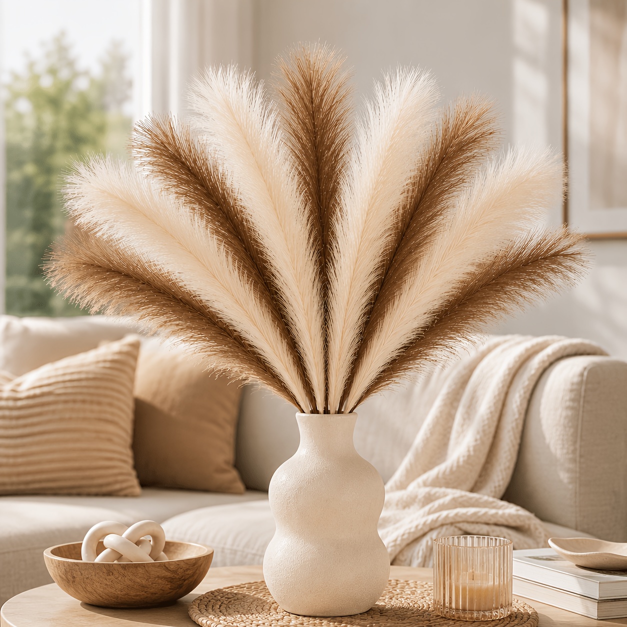 TEMU 18pcs Beige And Artificial Pampas Reed Bouquet, 40.89cm Feather Grass Stems For Vase Filler, Neutral Boho Home Decor, Table Centerpiece, Wedding