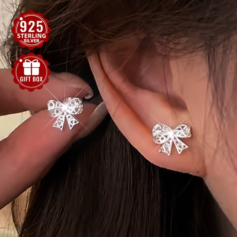 925 Silver Lace Bow Stud Earrings, Elegant Style