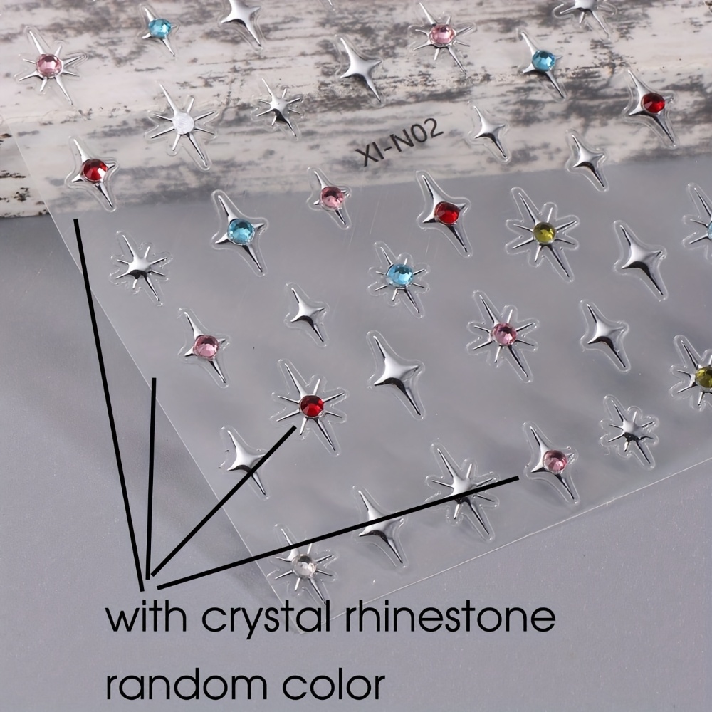 Image of 1sheet Star-shaped Silvery Nail Stickers With Random Colored Rhinestones, Star-shaped Self-adhesive Nail Decals, Y2k Style Silvery Slider Nail Decorations And Nail Supplies