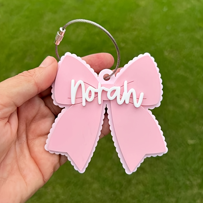 TEMU Personalized Scalloped Bow Backpack Keychain Custom Name Keyring Golden-tone Hardware Pink White Checkered Design Perfect Gift Christmas Holiday