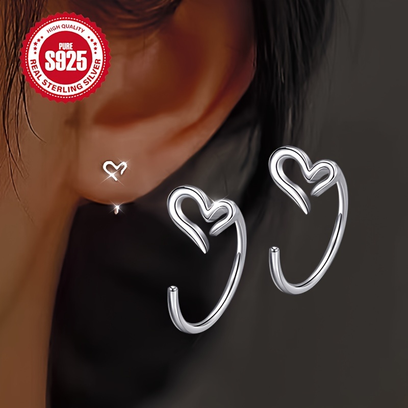 

1 Pair S925 Sterling Silver Heart-shaped Hollow Hoop Earrings, Simple And Cute, Hypoallergenic, Lightweight 1g, And Gift-, , Jewelry