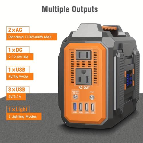 300w 250w 150w portable power station 155wh 250wh 280wh 296wh power bank battery charger solar generator with 110v ac outlet usb outputs led flashlight external lithium battery pack for outdoor camping rv trips home emergency use