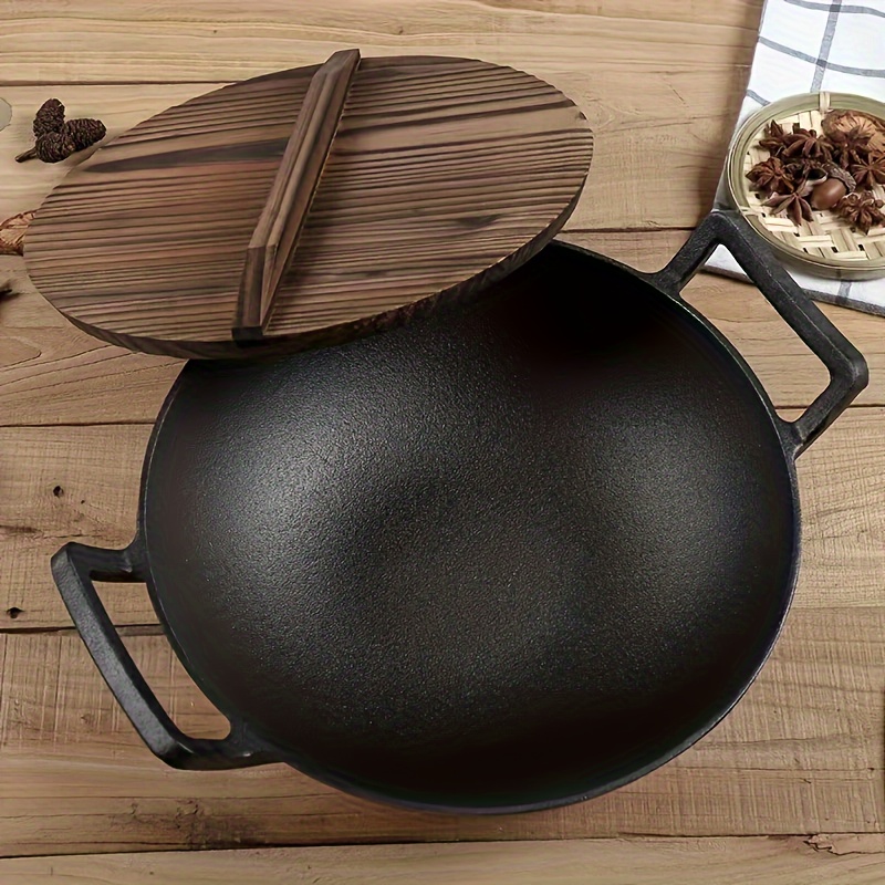 traditional cast iron wok with lid double handle   thickened chefs pan for gas induction electric stovetops details 2