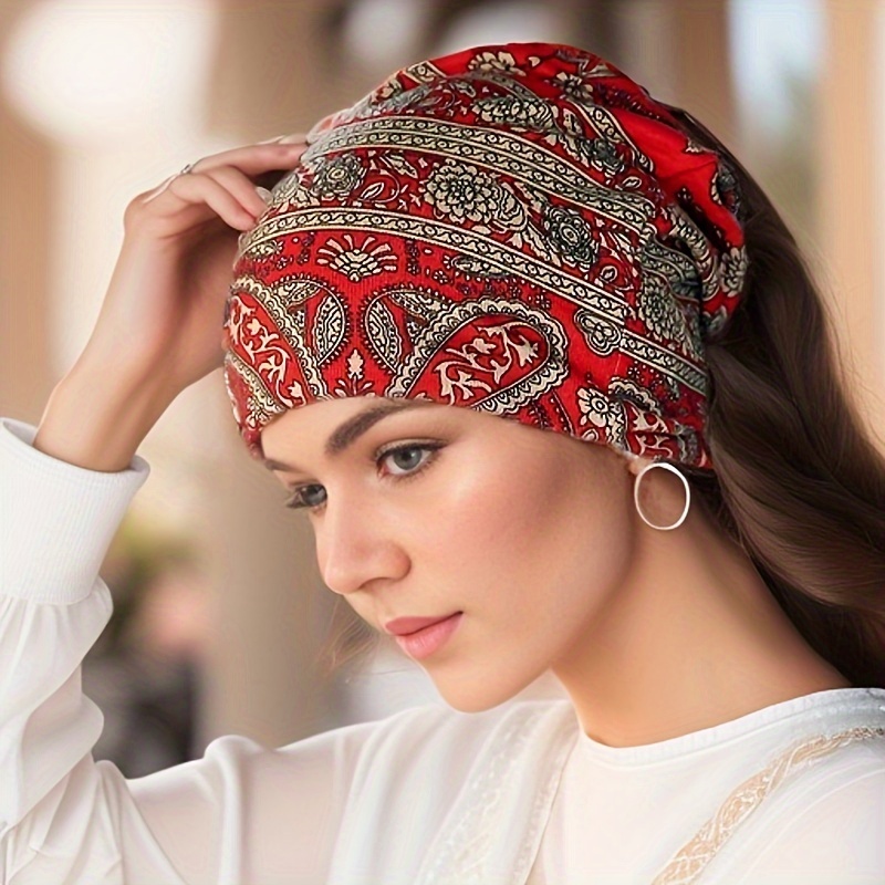 

Bohemian Style Multifunctional Headwear, Red Paisley Turban Hat And Neck Scarf, Stretchable Cotton Head Wrap For Women – Versatile Pregnant Women Cap And Snood