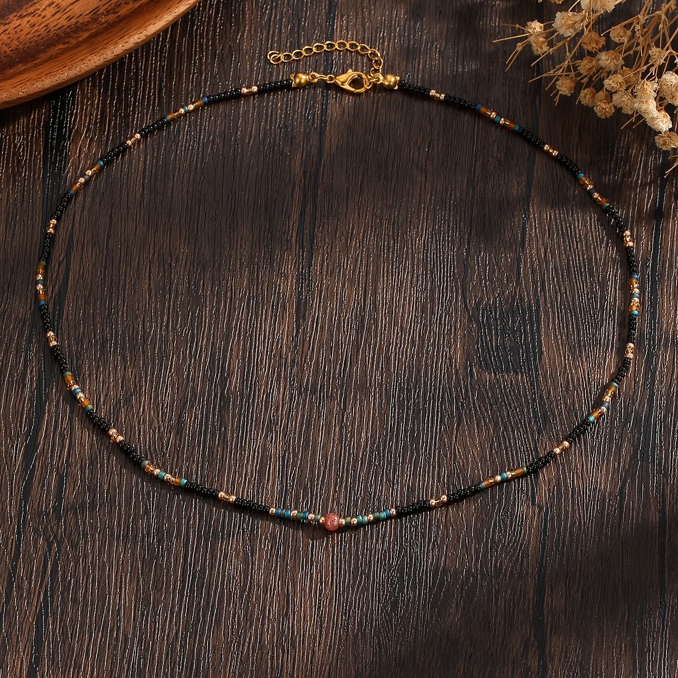 TEMU 1pc Collier de perles tissé à pur pour femmes, style bohème vintage, design de cour, perles multicolores noires, marron et bleues, design de