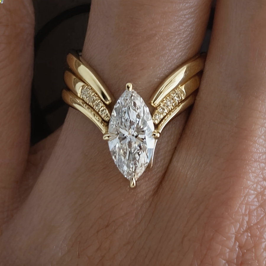 Marquis Cut Engagement Copper Ring - Elegant 4-prong Setting, Kc Golden Plated, Perfect Valentine's Day Gift For Brides And Lovers, Valentine's Ring | Elegant Ring Design | Luxurious Finish