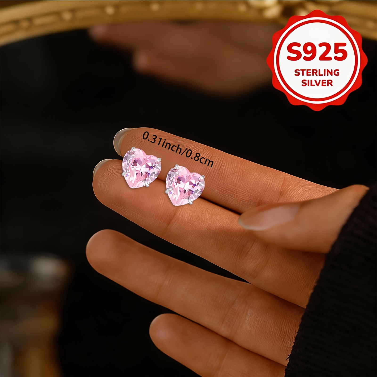 TEMU /piece, Women's Fashionable Earrings, Hypoallergenic S925 Silver, Pink Heart Stud Earrings, Simple And Petite With Sparkling Rhinestones, For