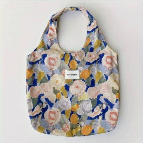 portable large bag sweet vest bag retro oil painting flower canvas bag casual shoulder bag cloth bag for travel work combines and practicality