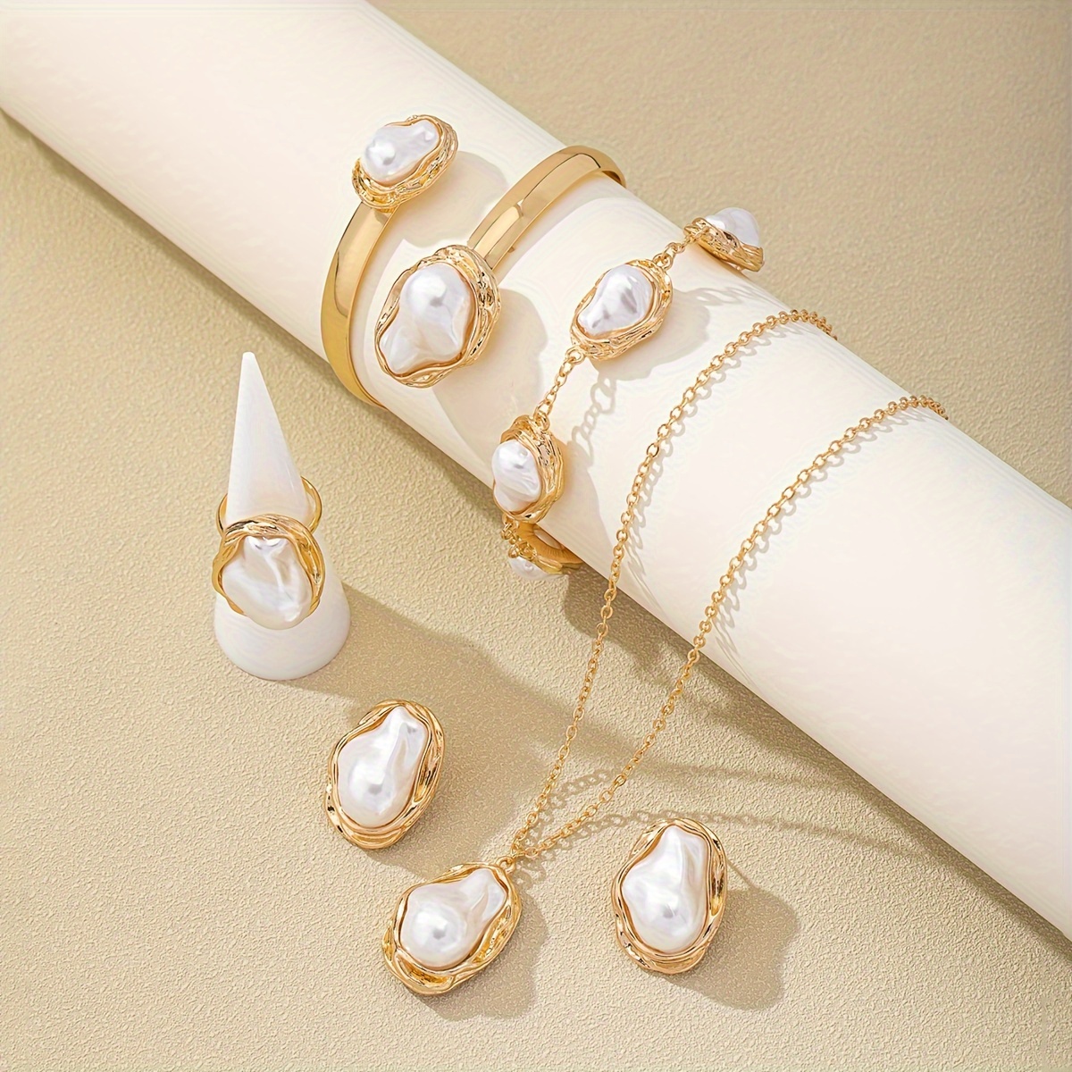 TEMU Elegant Luxury Style Jewelry Set: 14k Golden Plated Alloy With Imitation Pearl - Necklace, Earrings, Ring, Bangle Set For Women - Versatile Accessories For Daily & Special Occasions