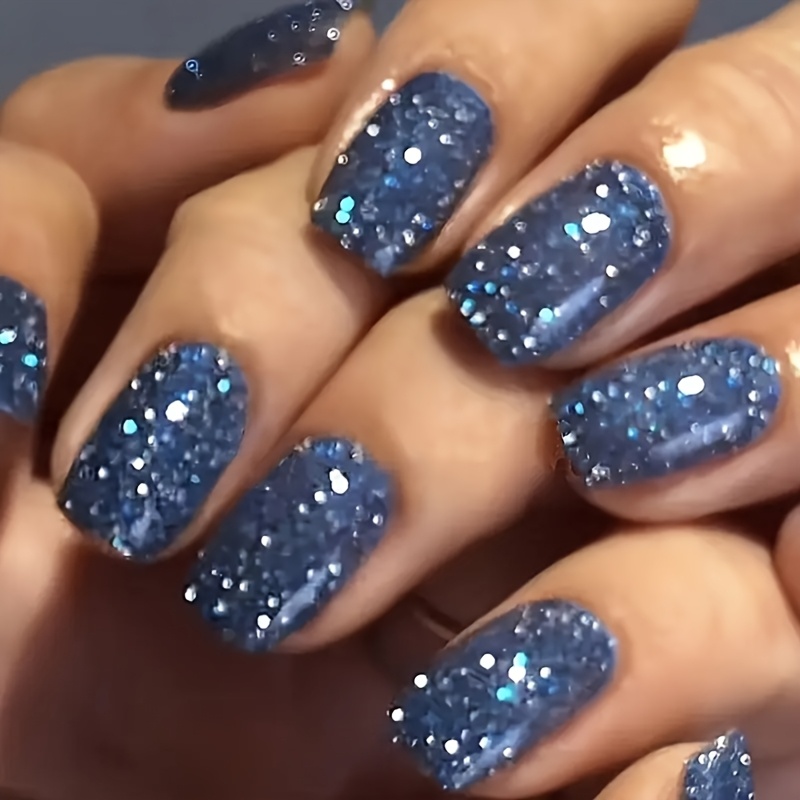 

24pcs Blue Glitter Press-on Nails, Square Shape Short Length, Glossy , Removable Nail Art Stickers, Pre- Manicure Tips