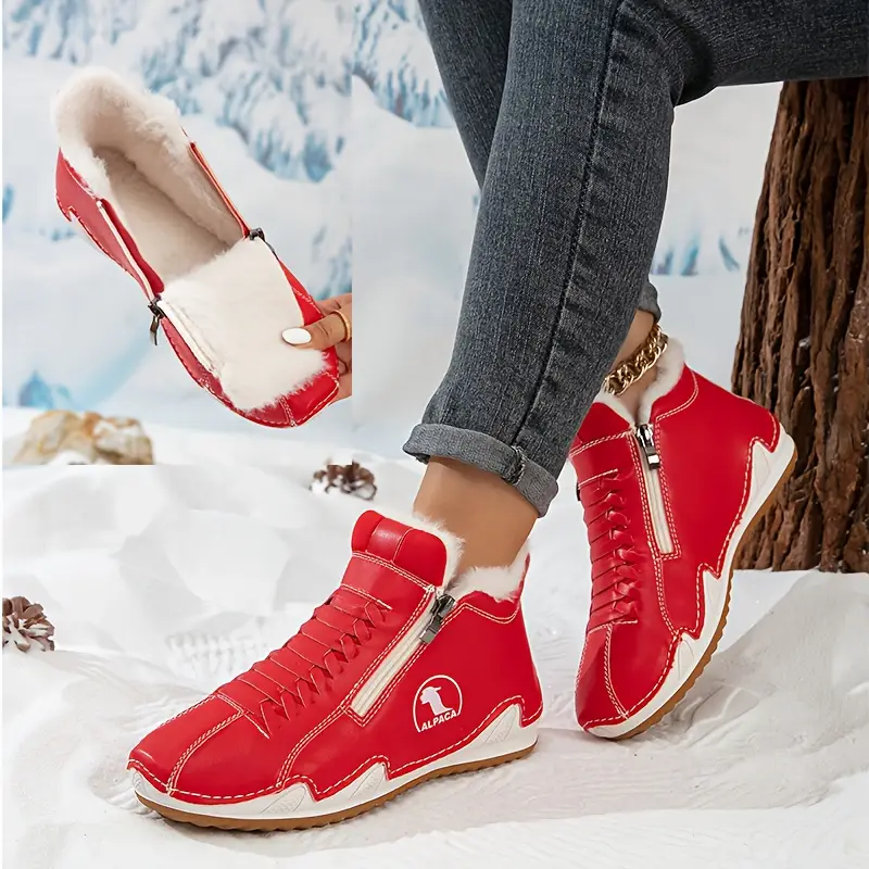 womens winter ankle short boots with plush lining warm zipper lace up closure round toe flat sole multi color options red blue white pink green washable synthetic cover casual boots for wear light outdoor activities winter boots for women elegant classy boots with heels wide width boots for women winter boots for women high quality snow boots shoes for women Product details 4