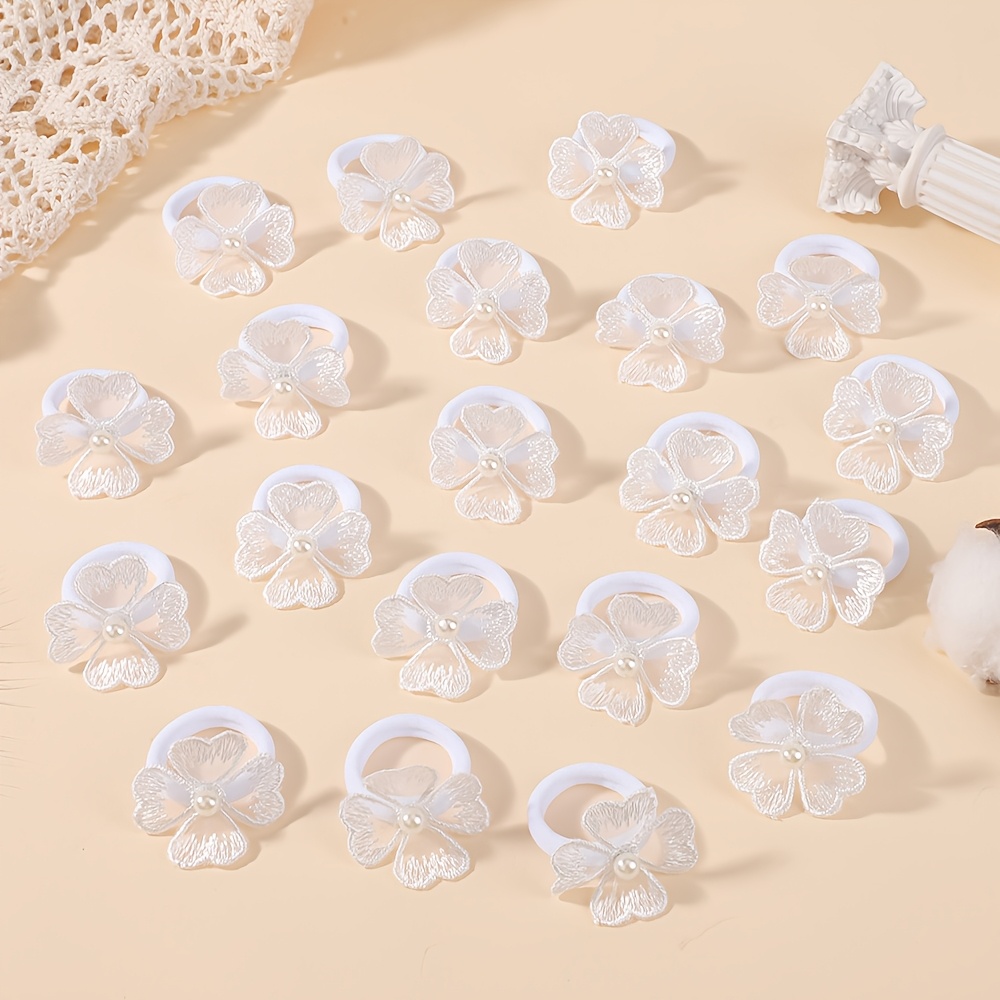 TEMU 20pcs Chouchous Cheveux Fleurs en Dentelle Blanche, Élastiques Cheveux à Feuilles Perles, Chouchous Queue de Cheval Mignons, Adorables
