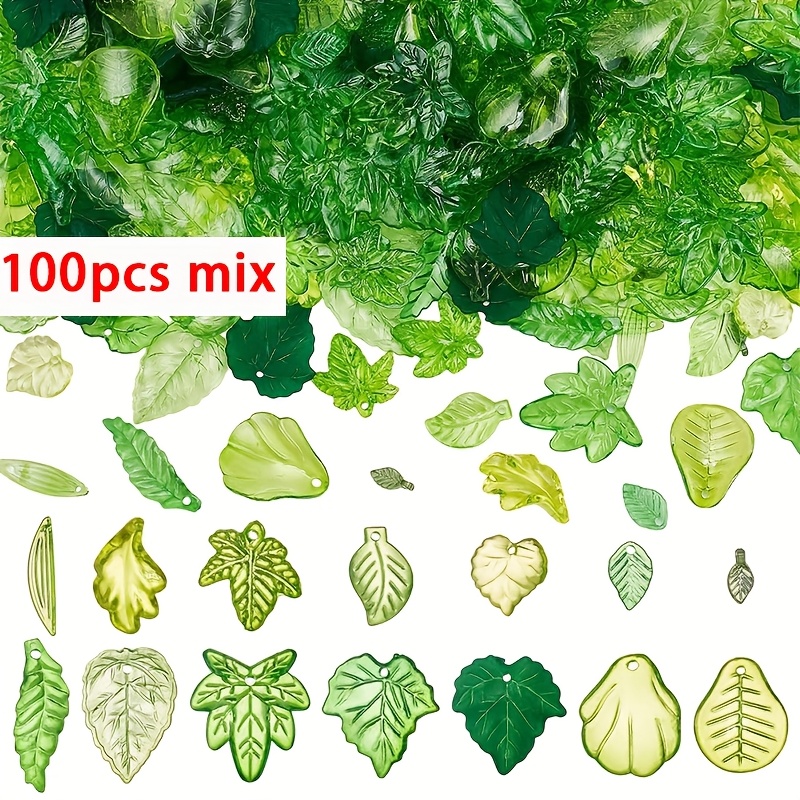 Image of 100/200pcs Random Style Mix Acrylic Green Leaf Beads, Transparent Hanging Pendants Charms For Jewelry Making Necklace Earring Spring Plant Diy Wind Chimes Crafts