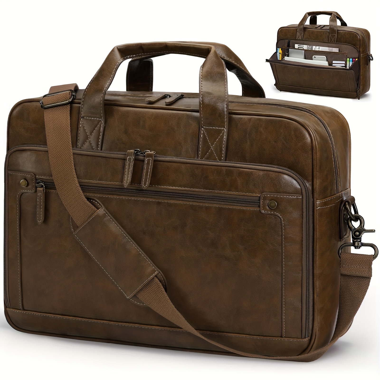 Image of Rainsmore Men's Messenger Bags, 16-inch Vintage Faux Leather Briefcase For Work, Office, And College In Brown