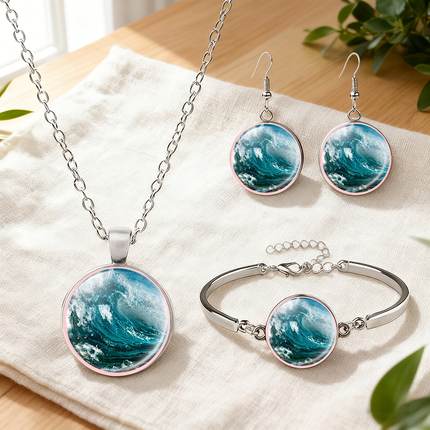 4pc White Jewelry Set with Necklace, Bracelet, and Earrings, Ocean Waves Design