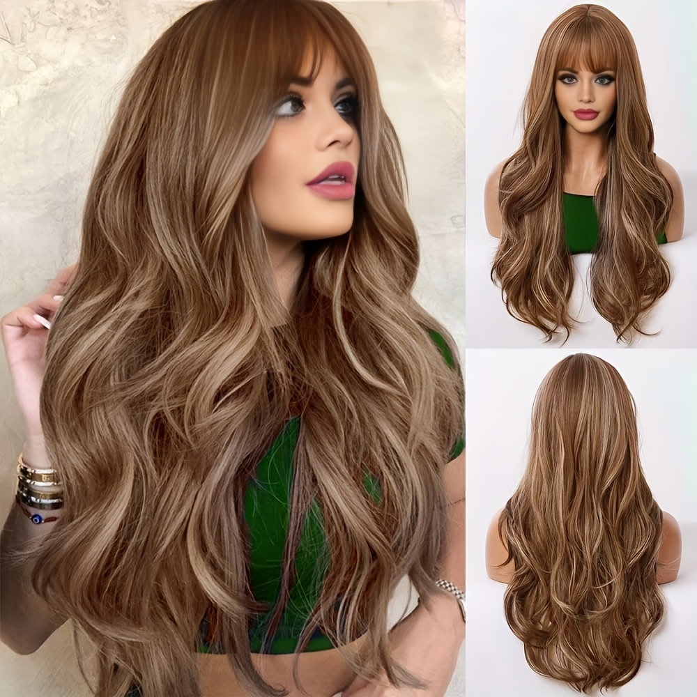 

Elegant 26" Brown Full Pullover Wig With Bangs For Women - Heat Resistant Synthetic Fiber, Comfortable Rose Mesh Cap For Casual Attire