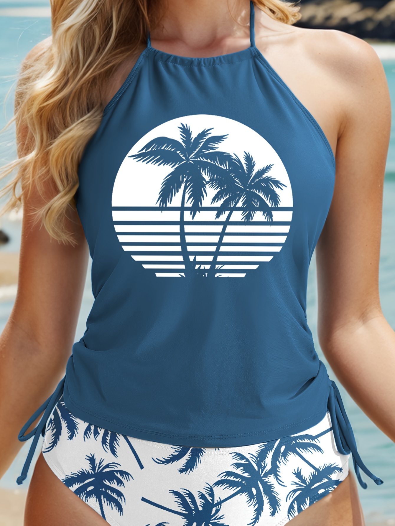 Coconut Tree Sunset Pattern Drawstring 2 Piece Set Swimsuit, Halter Tie  Neck Backless Stretchy Low Waist Bathing Suit For Beach Pool, Women's  Swimwear