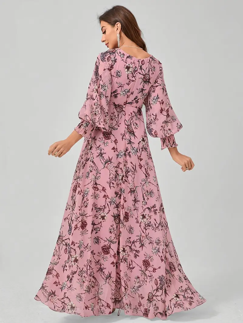 floral print flared sleeve pleated chiffon dress Puff Sleeve Floral Print Flared Sleeve Pleated Chiffon Dress Blue Floral Chiffon Pleated Flare Sleeve Dress