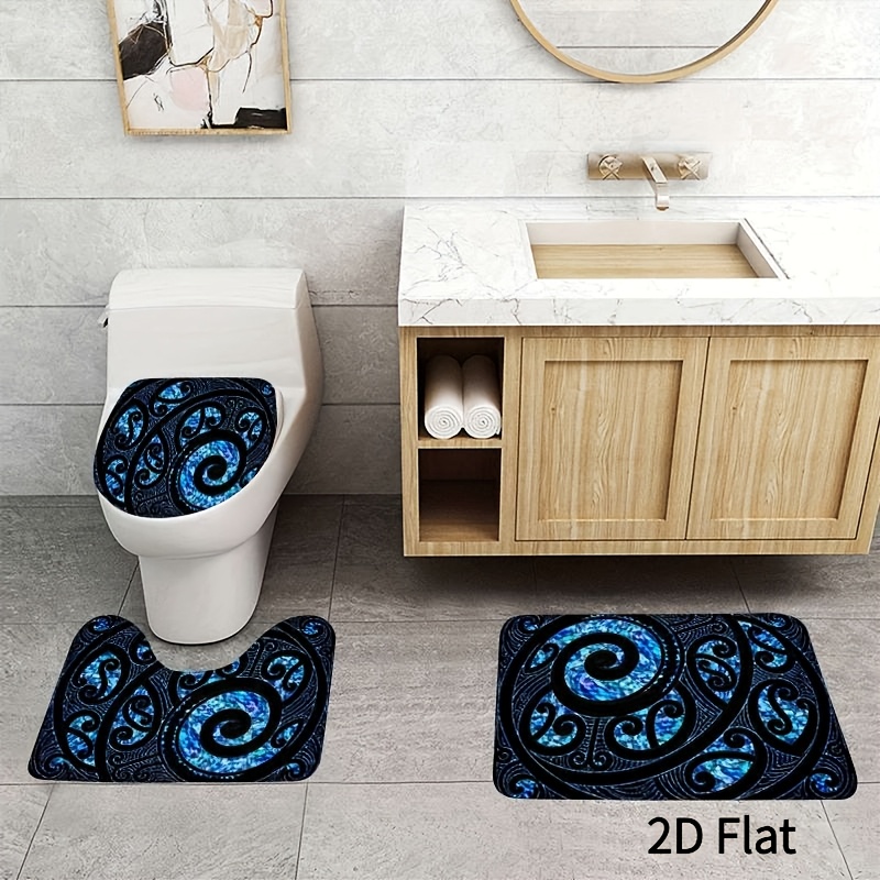 TEMU 2d Flat 3pcs Maori Inspired Swirl Pattern Flannel Non-slip Bath Mats, Absorbent Washable Decorative Home Bathroom Rugs, Cozy Toilet Seat Cover