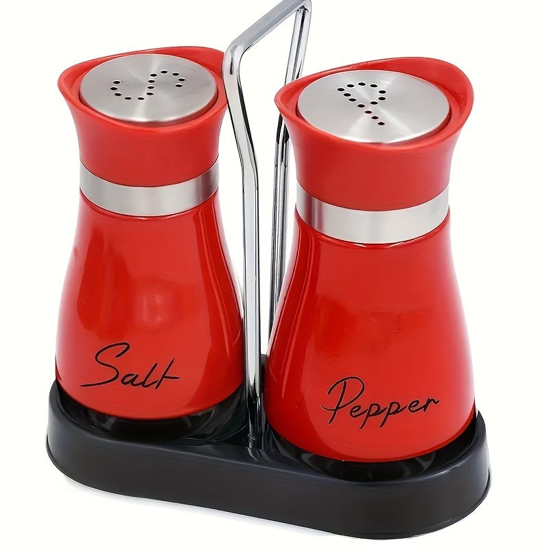 TEMU Salt And Pepper Shaker Set With Stand 1 Stand + 2 Bottles Salt Shaker Stainless Leather Salt Shaker Pepper Shaker For Kitchen Gadgets Cooking