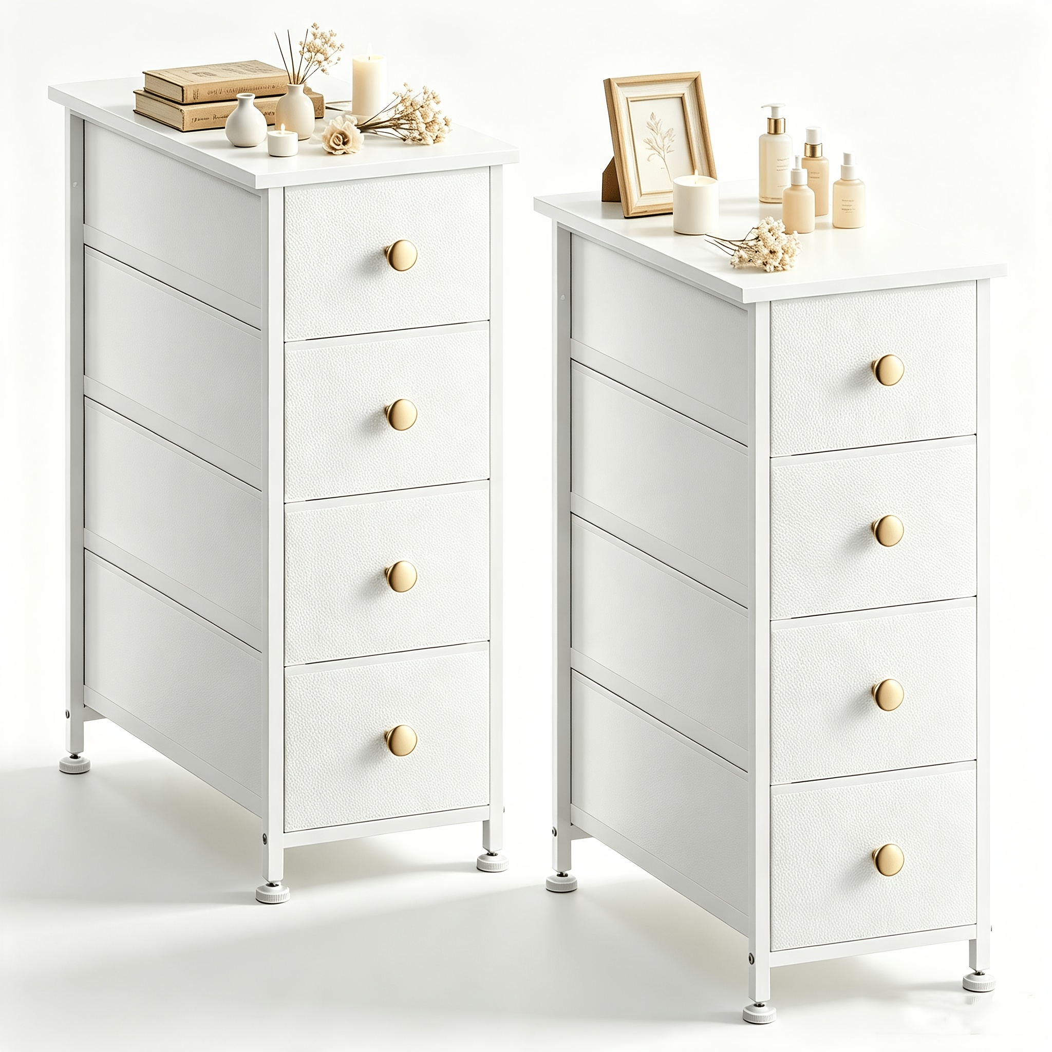 Image of 2 Narrow Bedside Tables, 25.5 Cm Wide, With 4 Fabric Drawers, Suitable For Bedrooms And Living Rooms, White, 48.8 X 25.5 X 72.2 Cm