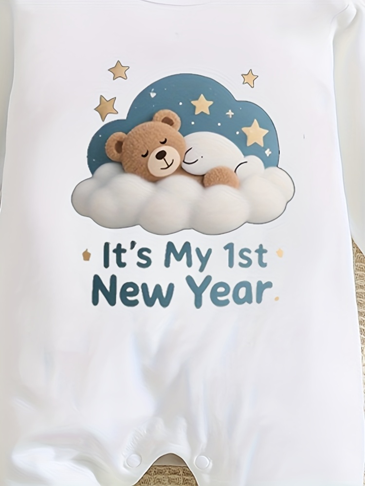 It's My 1st New Year Star Bear Pattern Printed Baby Clothes, Baby Long Sleeve Jumpsuit Spring and Autumn Baby Christmas Gift, Four Seasons Cotton Breathable, Suitable for Outdoor Wearing, Perfect for Outdoor