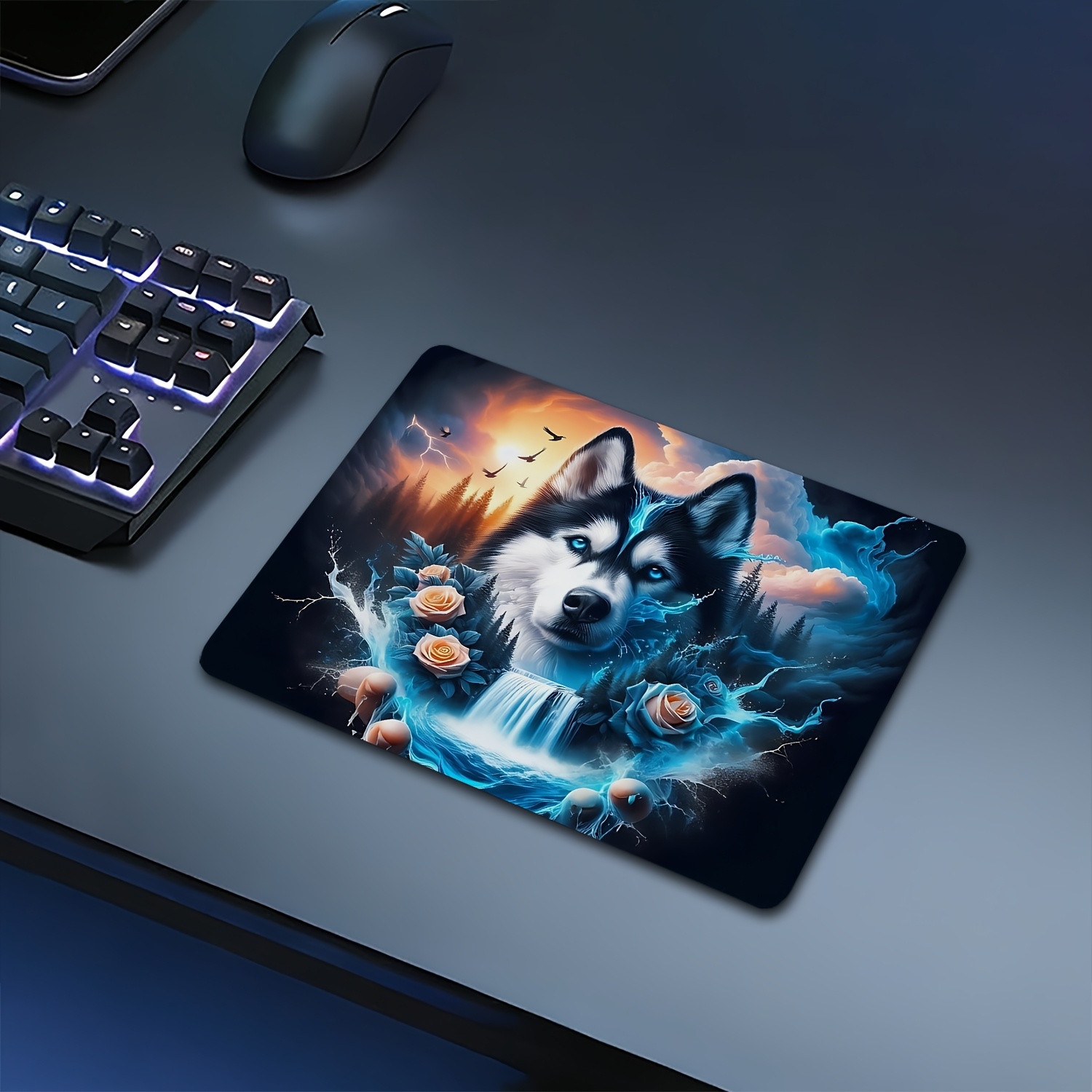 Formaat Husky Anime Muismat Compatibel voor PC/Laptop - Schattige Husky & Waterval Gaming Bureau Mat, Antislip Rubberen Onderkant, Dik Geschikt voor Kantoor, Computer, Gaming Setup - M Mode Muismat