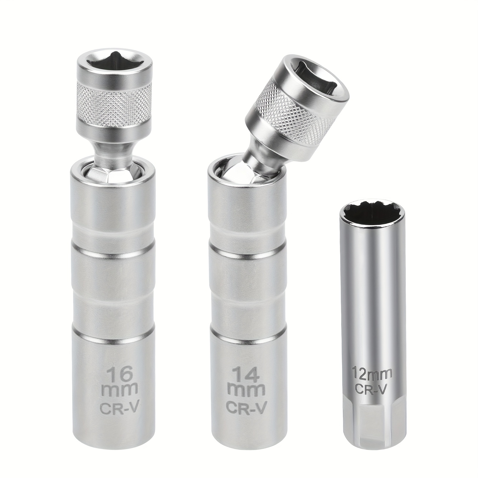 TEMU 3pcs 14mm & 16mm Thin Wall Magnetic Spark Plug Socket Set, 3/8" Drive, 12 Point Standard Spark Plug Socket Removal Tool, For Car, Durable Chrome Vanadium Steel Construction