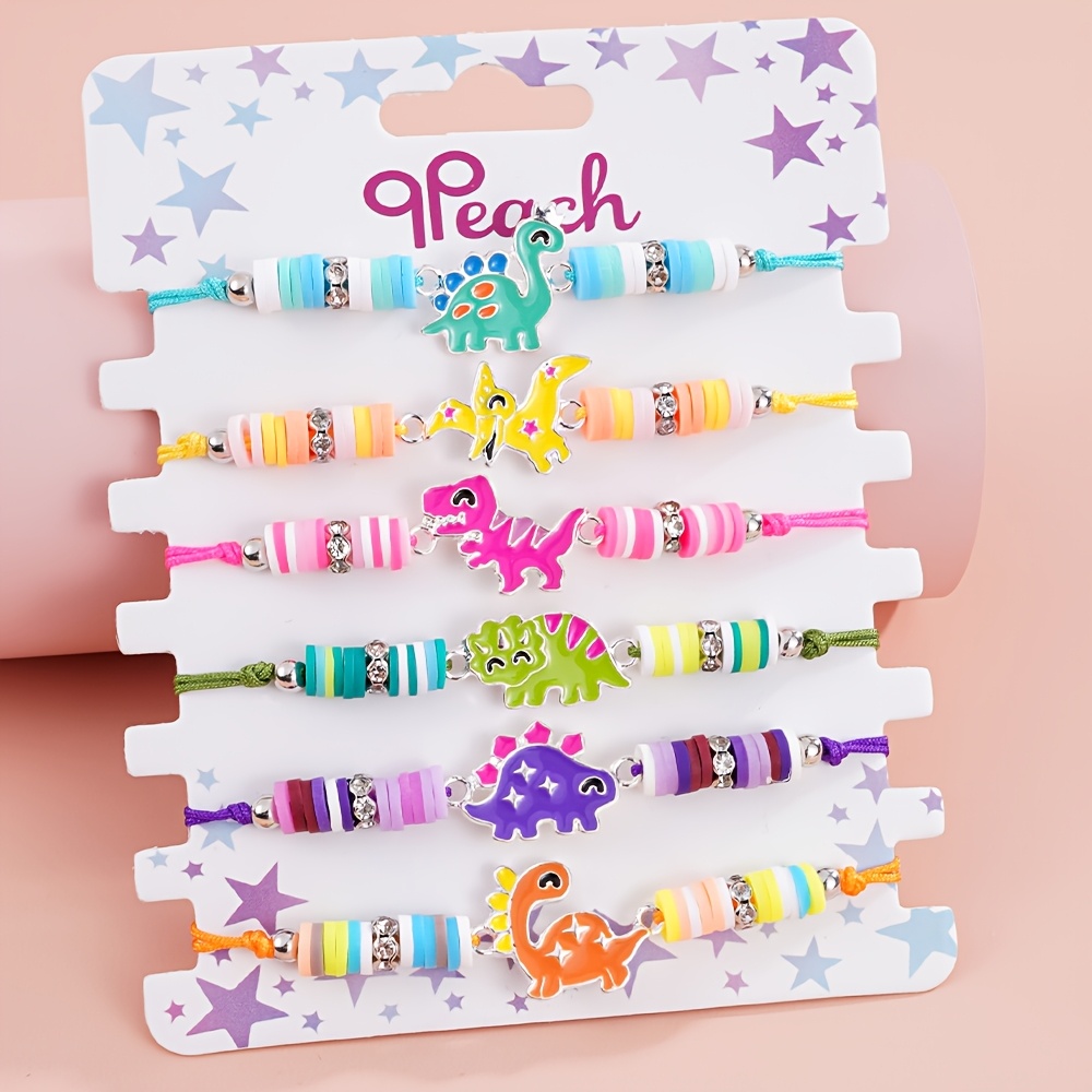 TEMU Juego de 6 pulseras de dinosaurios bonitos para niñas, set de pulseras ajustables con cordón y esmalte colorido, joyería de moda para de y