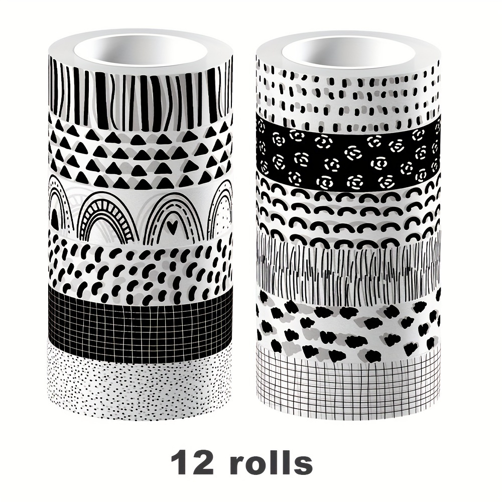 Image of 12 Rolls Bohemian Rainbow Masking Tape Paper Sticker Black And White Pattern Washi Tape For Gift Wrapping Craft For Birthday Decoration
