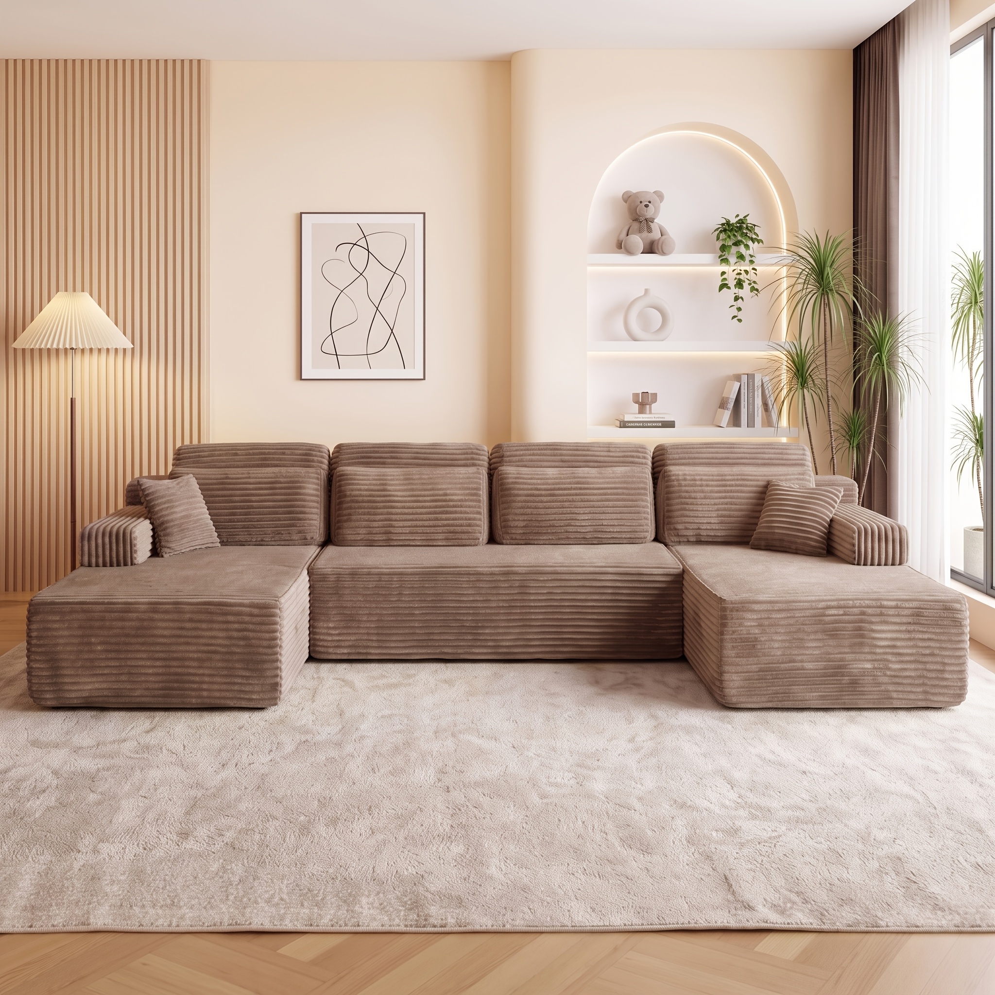 TEMU U-shaped Sofa Modular Sectional With Wide Chaise Longue - Foam Frame & Corduroy Upholstery, Convertible -/suitable For Large Families, Modern