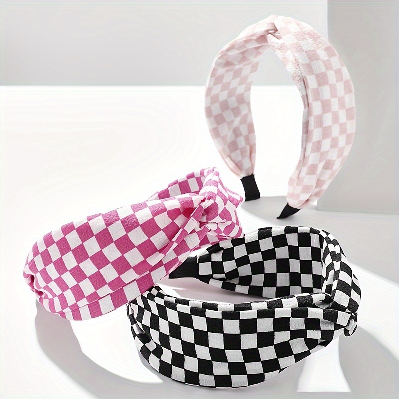 

1pc Wide Brimmed Head Band Checkerboard Plaid Decorative Knotted Hair Hoop Trendy Hair Accessories For Women And Girls