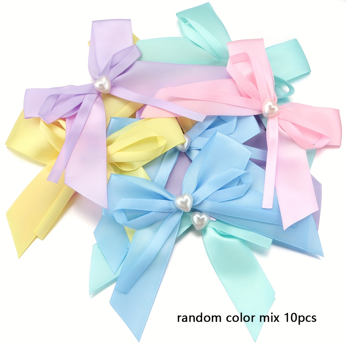 E-shop 10 Stück Polyester Handknoten Doppel Eingebettet Herz Halbe Perle Große Schleife, Süß und Elegant, Schmuck Haarbasen Zubehör, Zufällige Farben,